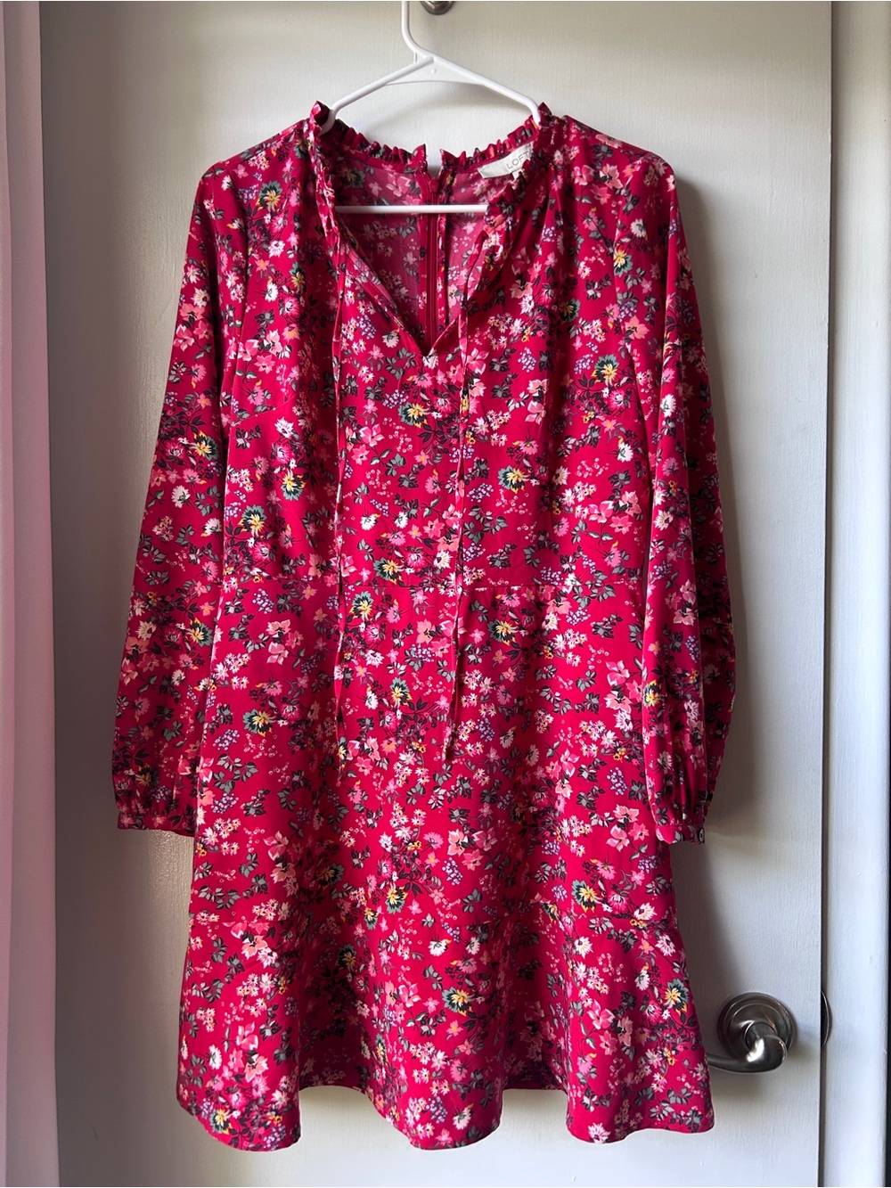 LOFT Magenta Floral Long-Sleeve Ruffle-Neck Dress